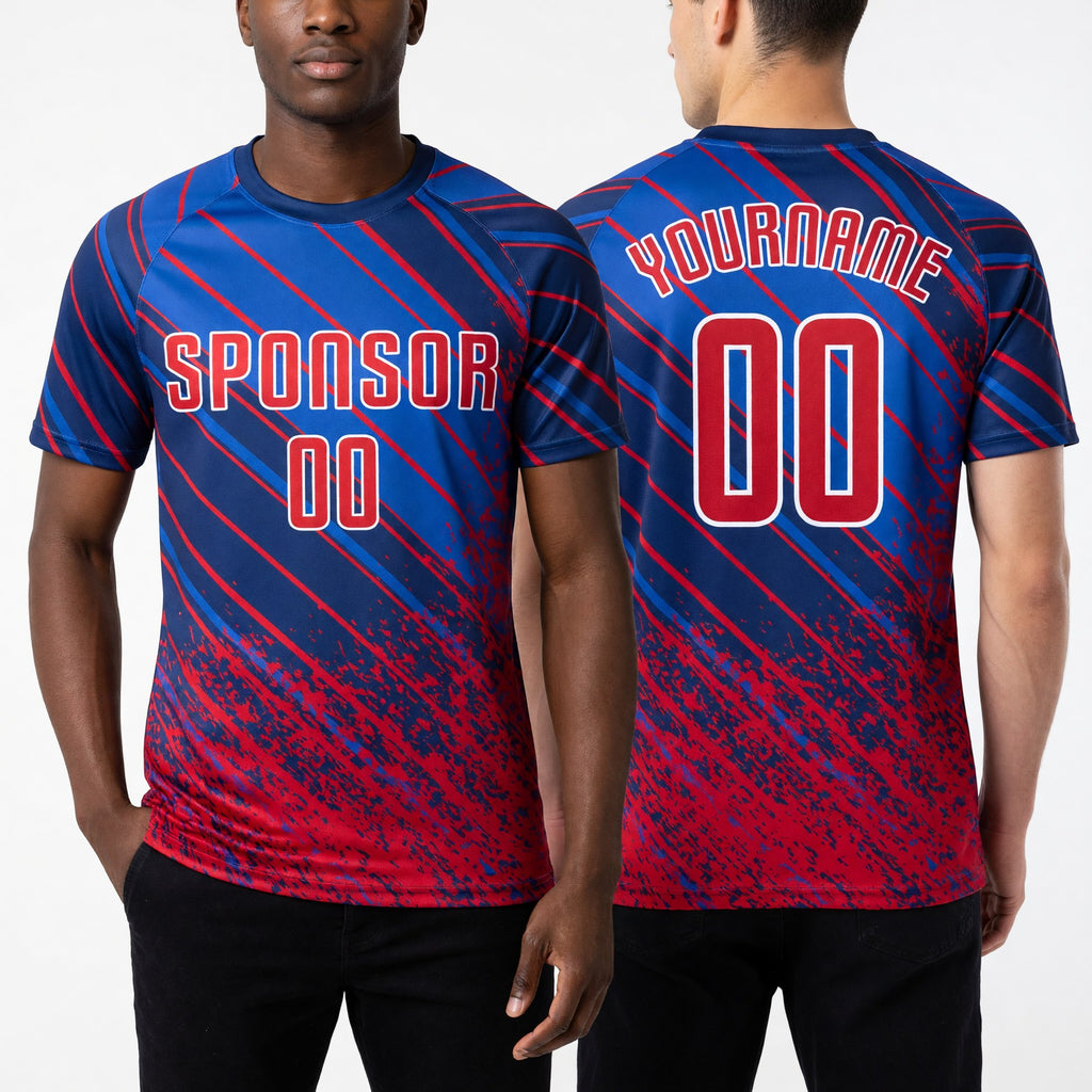 Custom Royal Red-White Sublimation Soccer Uniform Jersey worn front and back