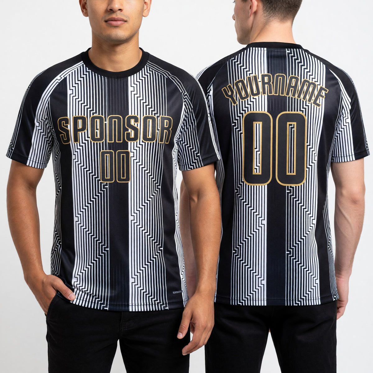 Custom Black Black-Old Gold Sublimation Soccer Uniform Jersey worn front and back