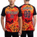 Custom Red Black-Gold Sublimation Soccer Uniform Jersey worn front and back