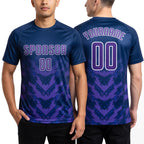 Custom Navy Purple-White Sublimation Soccer Uniform Jersey worn front and back