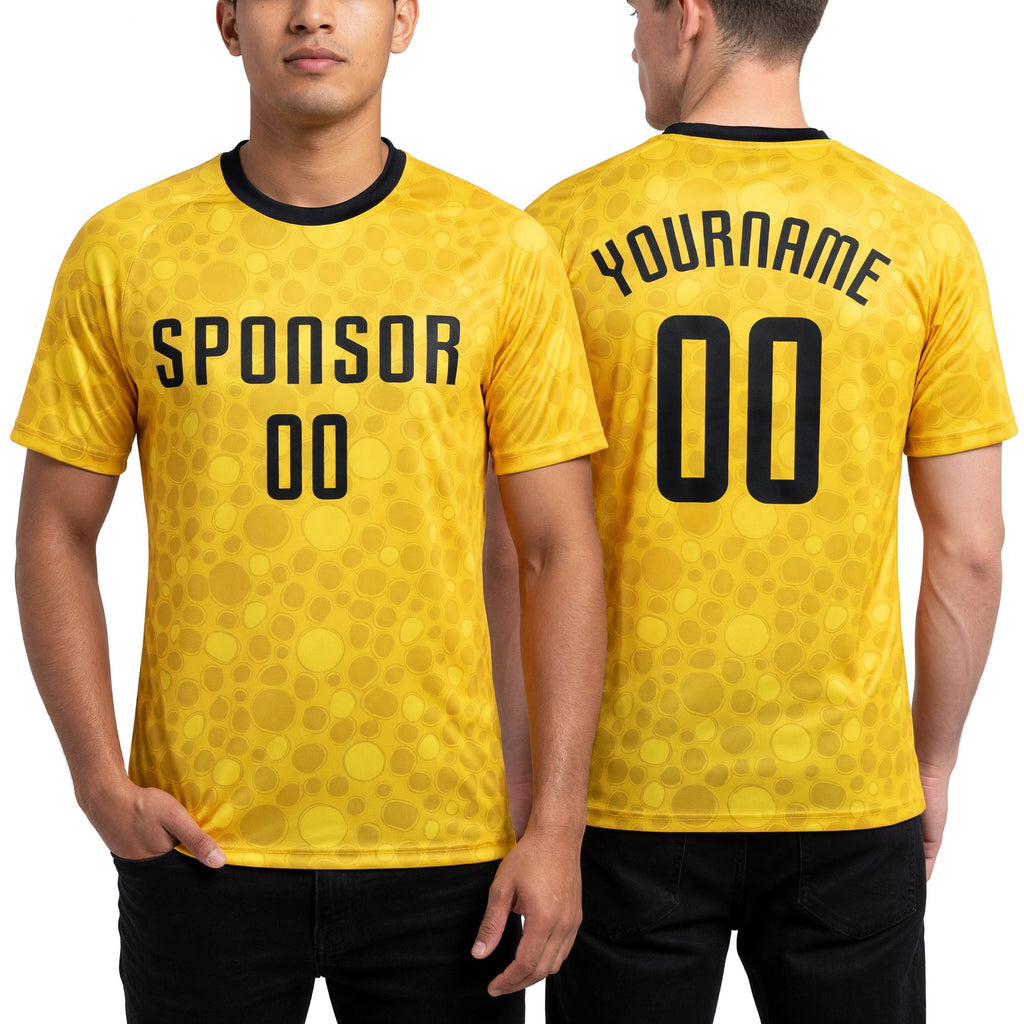 Custom Gold Black Sublimation Soccer Uniform Jersey worn front and back
