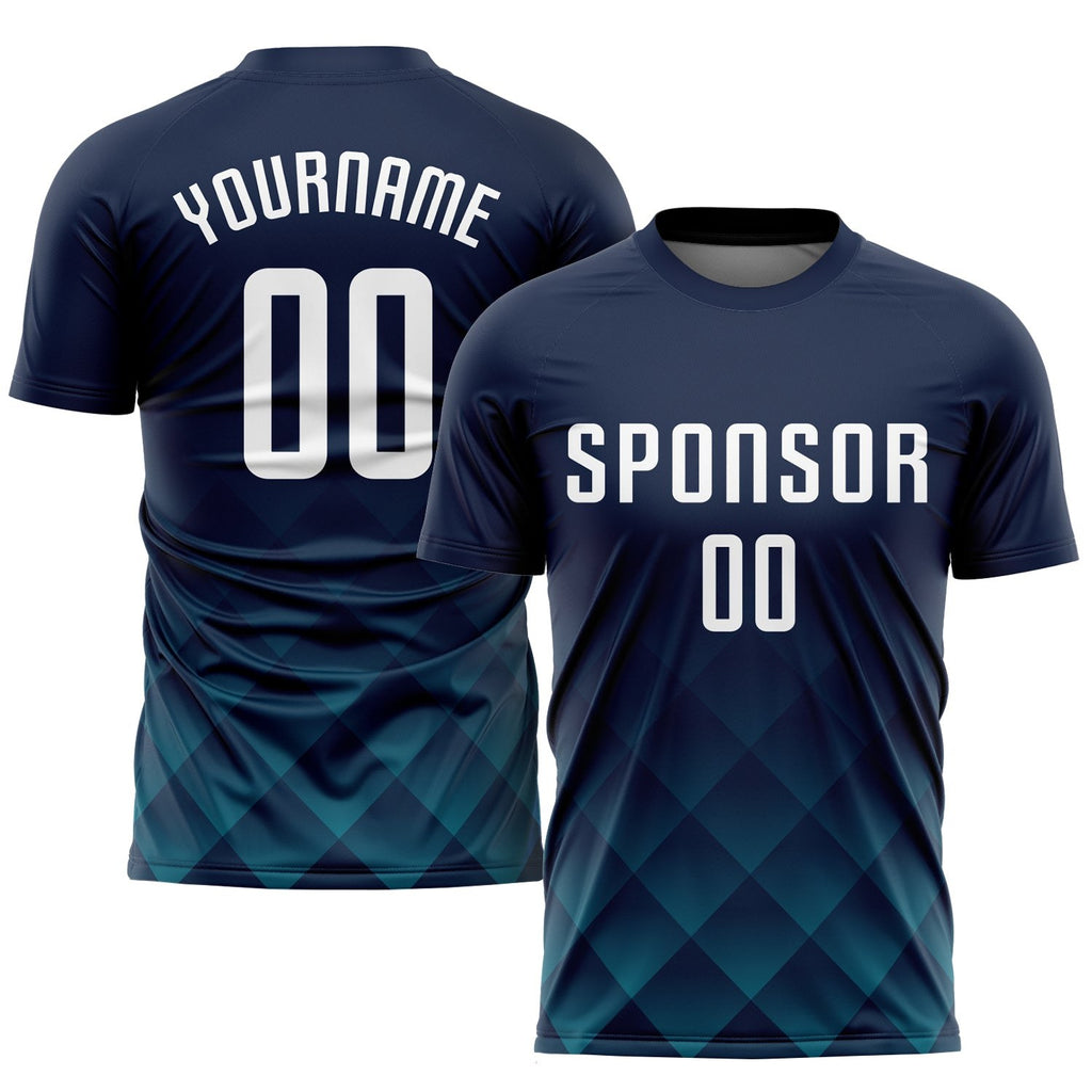 Custom Navy White-Teal Sublimation Soccer Uniform Jersey photo 1