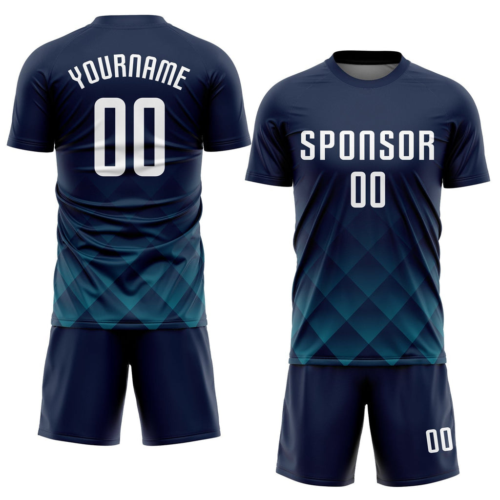 Custom Navy White-Teal Sublimation Soccer Uniform Jersey photo 2