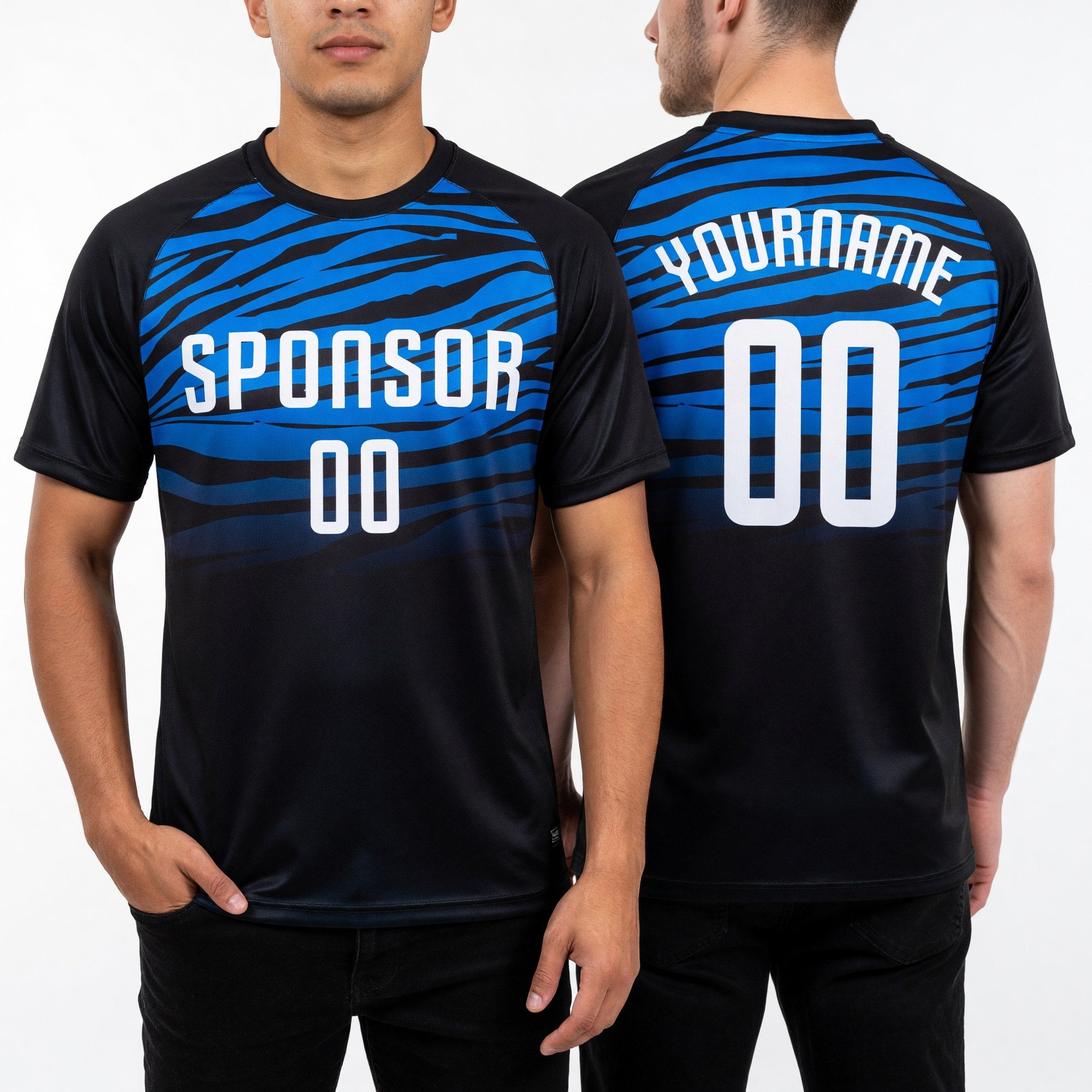 Custom Black White-Royal Sublimation Soccer Uniform Jersey worn front and back