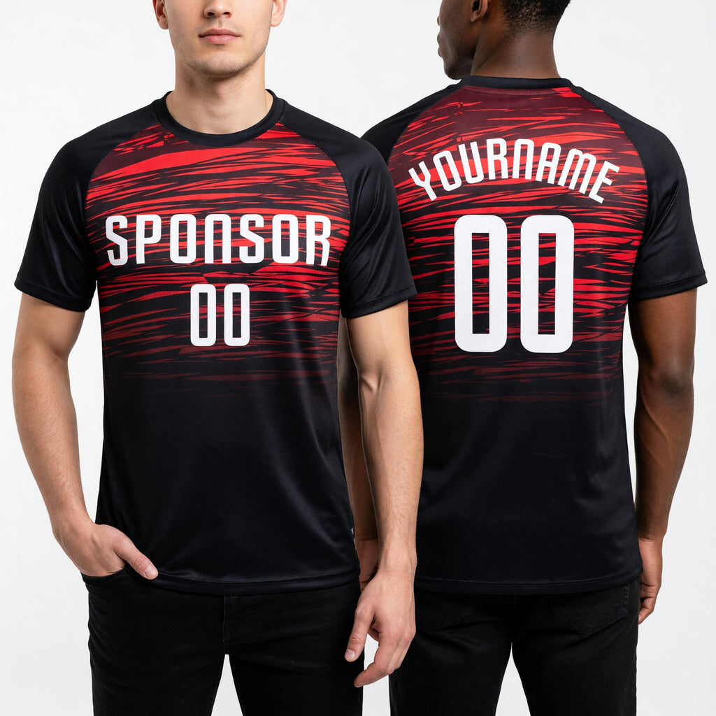 Custom Black White-Red Sublimation Soccer Uniform Jersey worn front and back