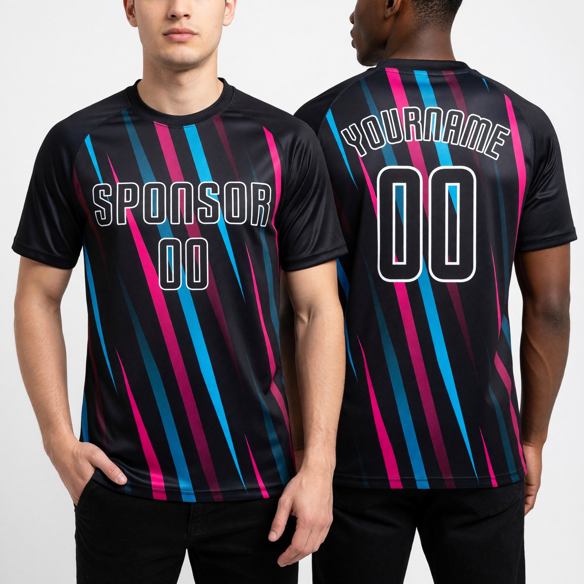 Custom Black Black Light Blue-Pink Sublimation Soccer Uniform Jersey worn front and back