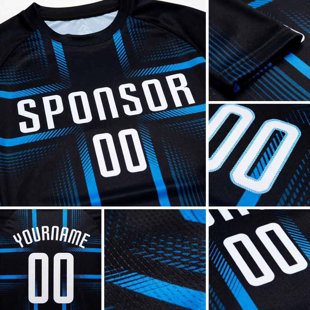 Custom Black White-Light Blue Sublimation Soccer Uniform Jersey detail