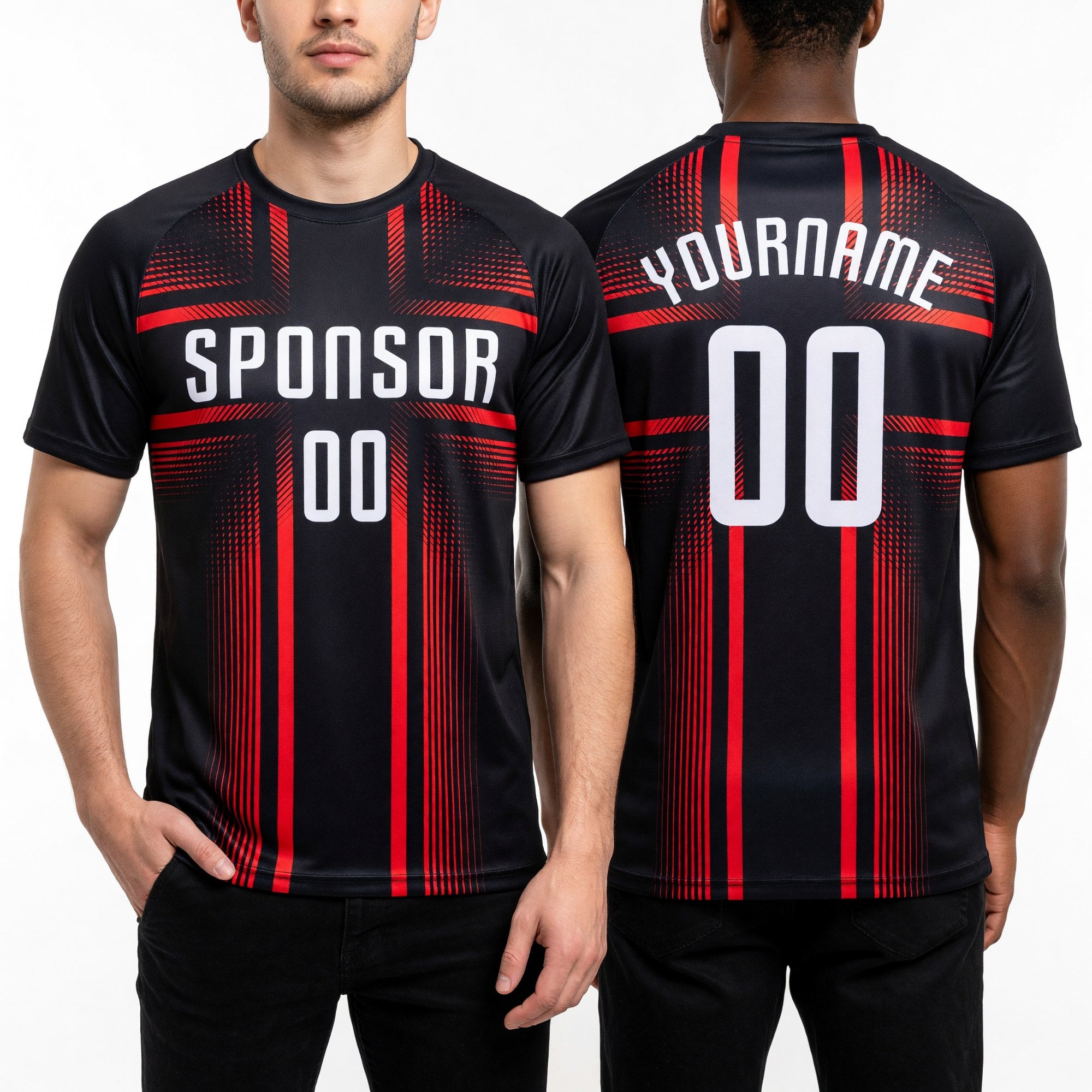 Custom Black White-Hot Pink Sublimation Soccer Uniform Jersey worn front and back