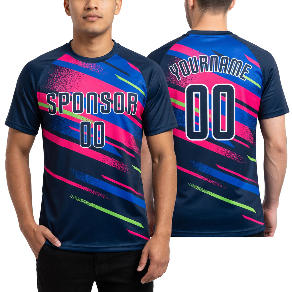 Custom Figure Navy Royal-Pink Sublimation Soccer Uniform Jersey worn front and back