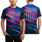 Custom Figure Navy Royal-Pink Sublimation Soccer Uniform Jersey worn front and back