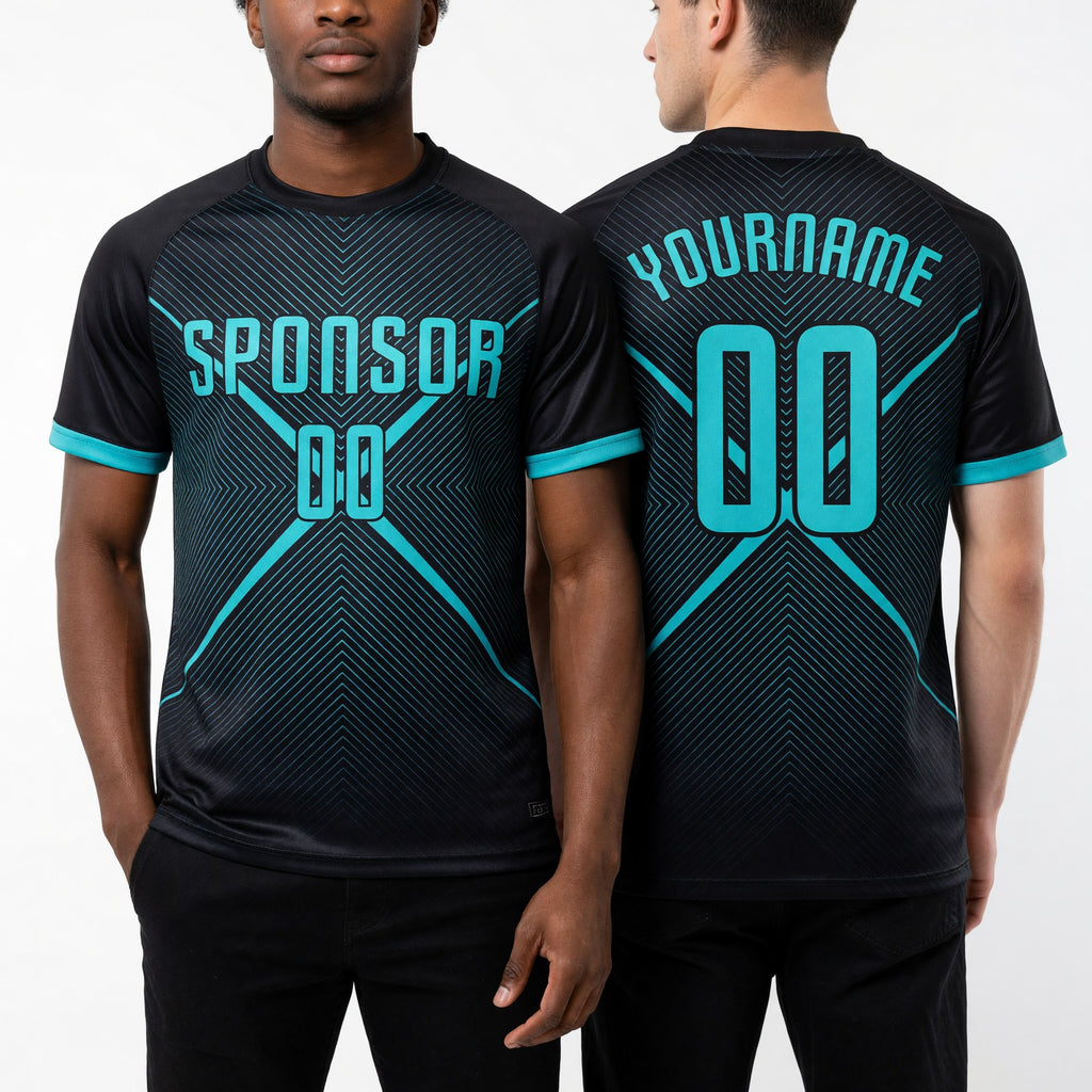 Custom Black Teal Sublimation Soccer Uniform Jersey worn front and back