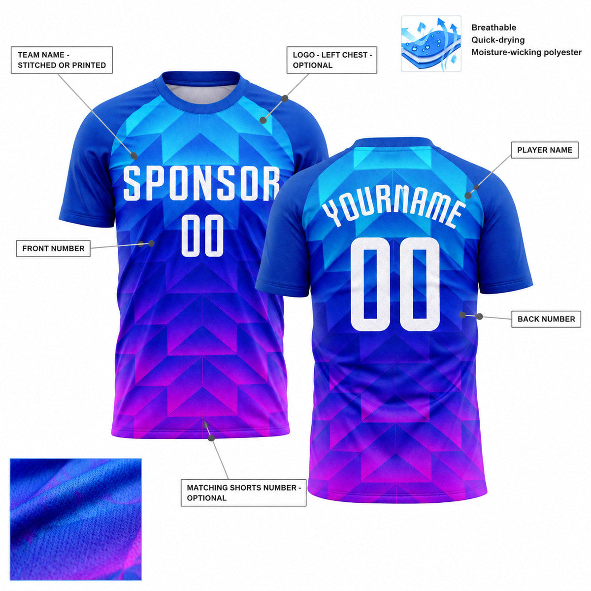 Custom Royal and White Sublimated Soccer Jersey with Light Blue and Hot Pink Lettering customization guide