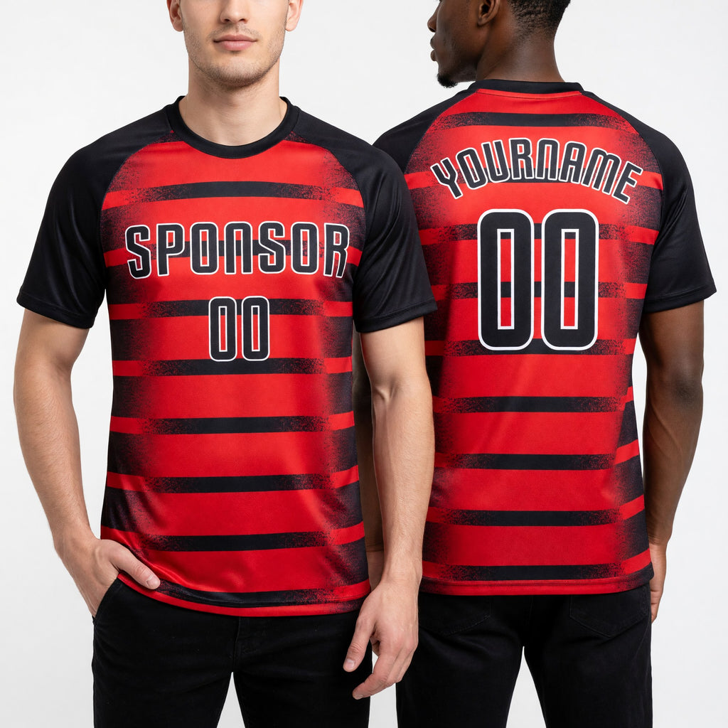 Custom Red Navy-White Sublimation Soccer Uniform Jersey worn front and back