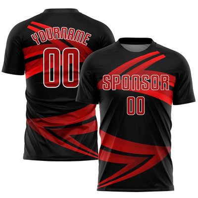 Custom Black Sublimated Soccer Jersey with Red and White Lettering Design 0549