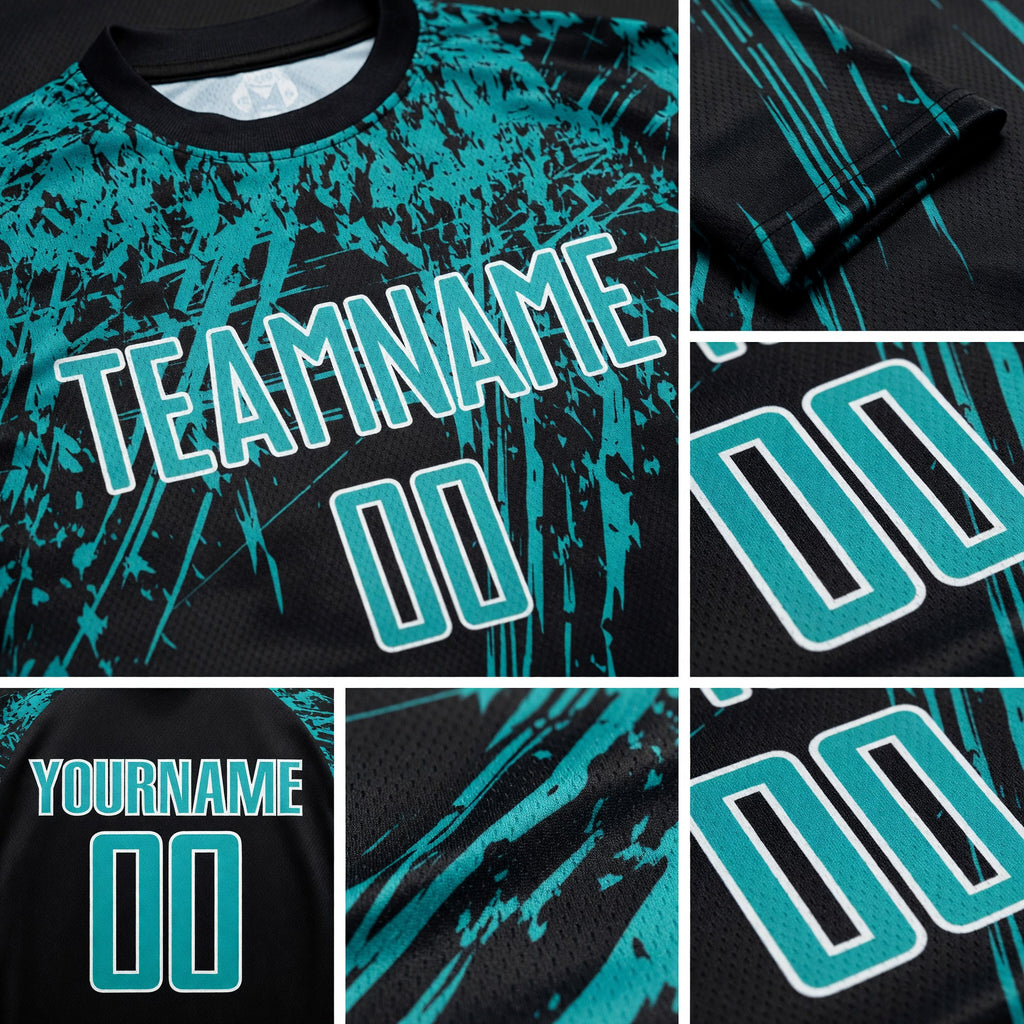 Custom Black Aqua-White Sublimation Soccer Uniform Jersey detail