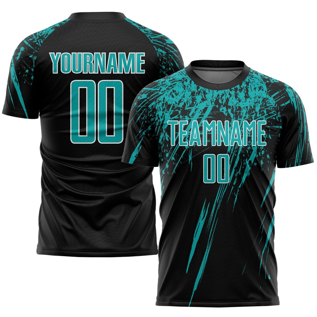 Custom Black Aqua-White Sublimation Soccer Uniform Jersey photo 1