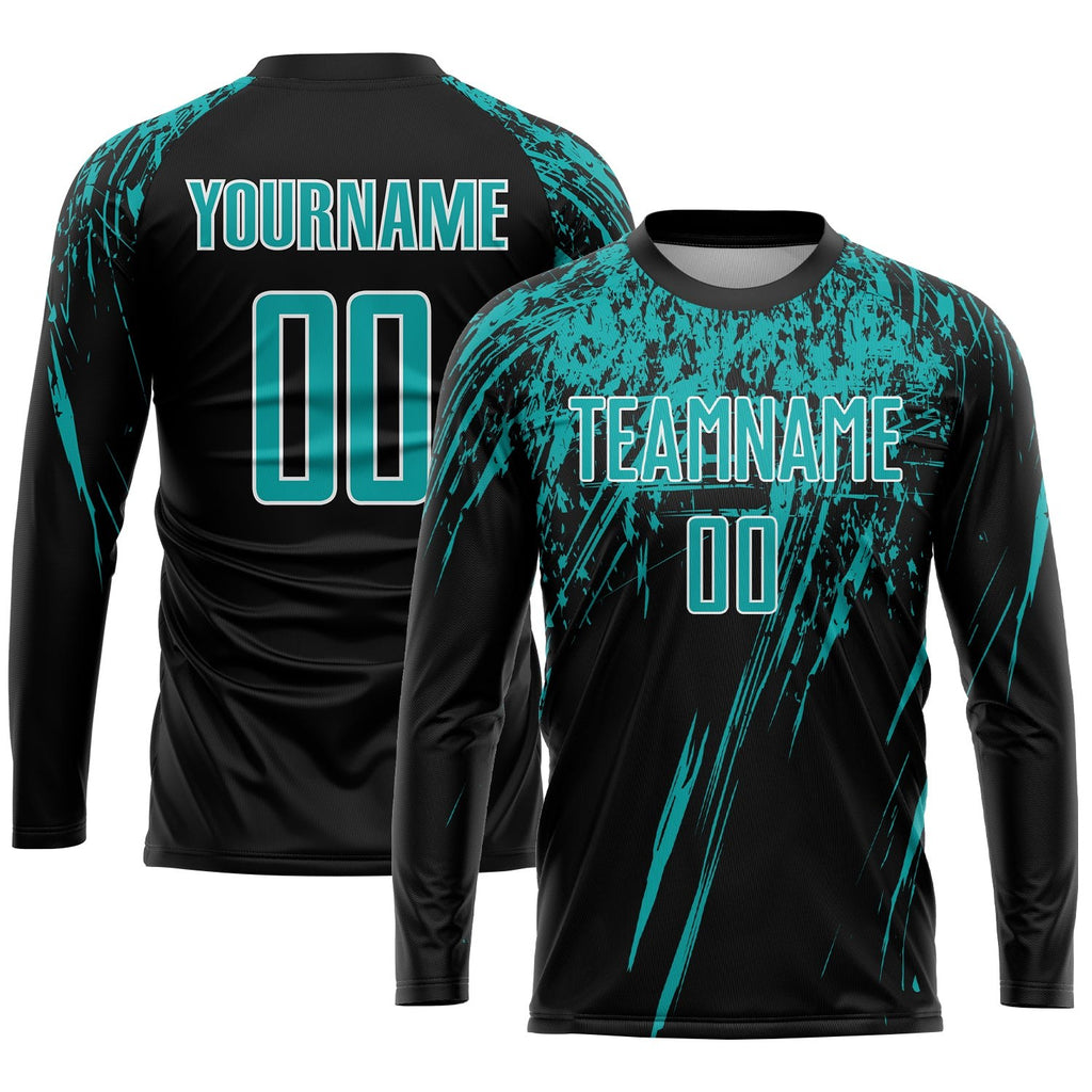 Custom Black Aqua-White Sublimation Soccer Uniform Jersey photo 3