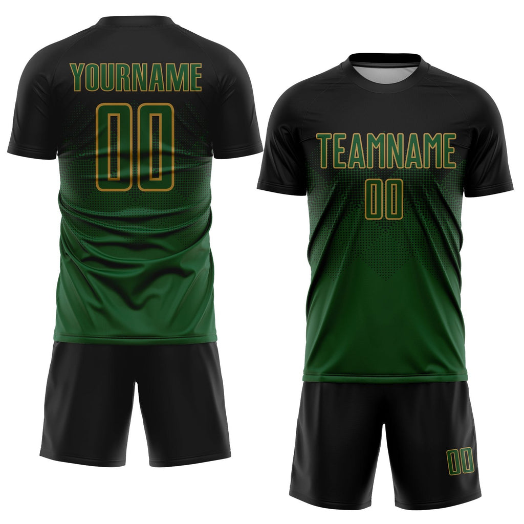 Custom Black Green-Old Gold Sublimation Soccer Uniform Jersey photo 2