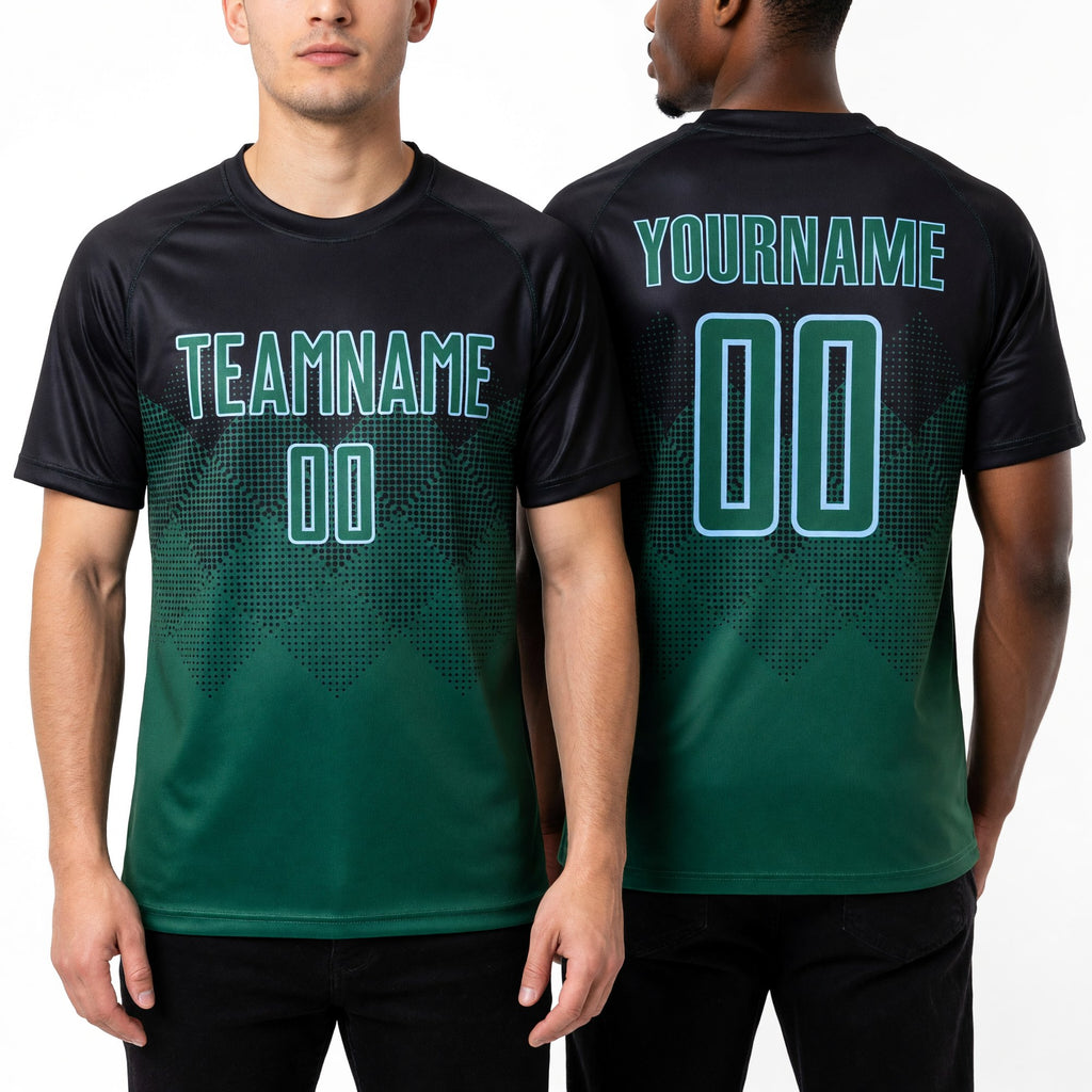 Custom Black Kelly Green-Light Blue Sublimation Soccer Uniform Jersey worn front and back