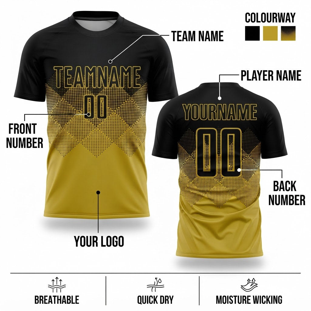 Custom Old Gold Sublimated Soccer Jersey with Black Lettering Design 0566 customization guide