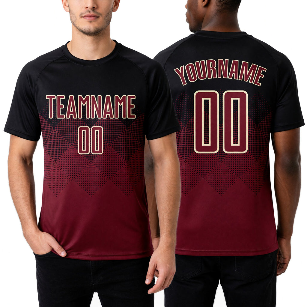 Custom Black Crimson-Cream Sublimation Soccer Uniform Jersey worn front and back