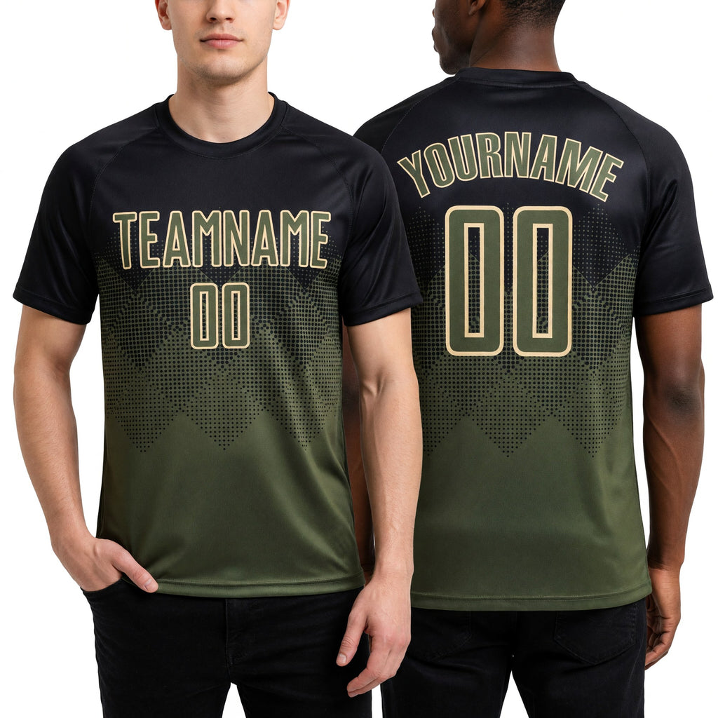 Custom Black Olive-Cream Sublimation Soccer Uniform Jersey worn front and back