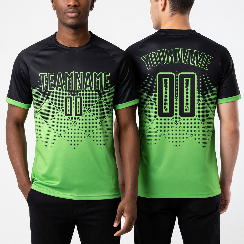 Custom Pea Green Black Sublimation Soccer Uniform Jersey worn front and back