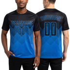 Custom Powder Blue Black Sublimation Soccer Uniform Jersey worn front and back