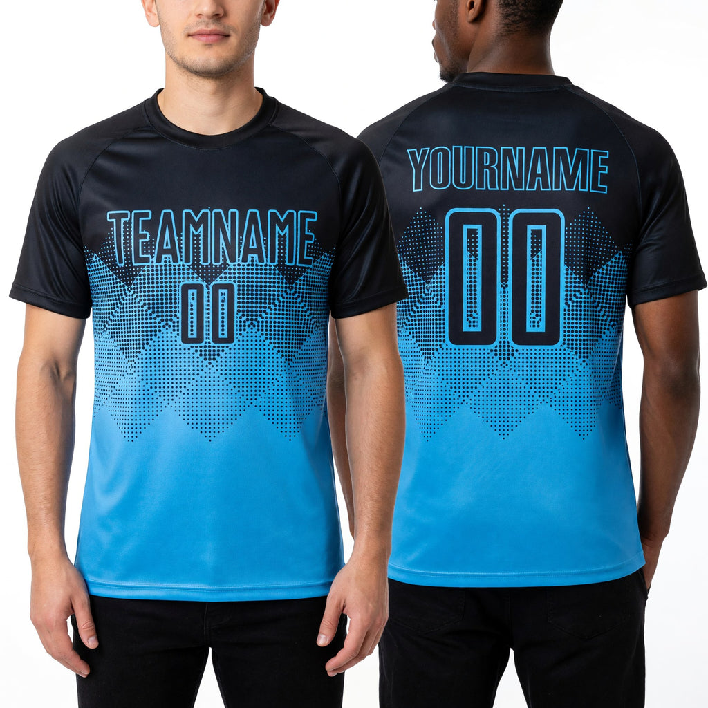Custom Sky Blue Black Sublimation Soccer Uniform Jersey worn front and back