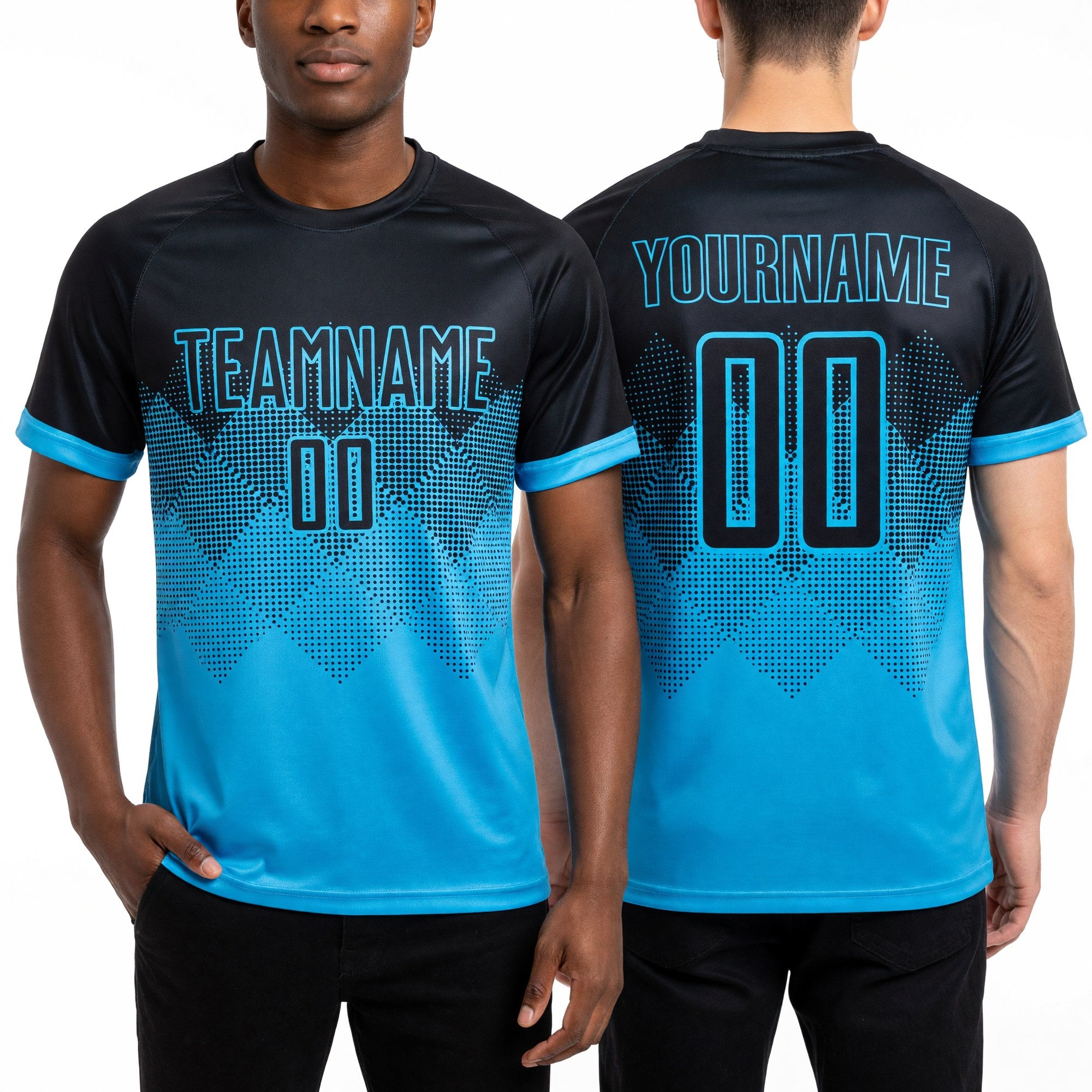 Custom Lakes Blue Black Sublimation Soccer Uniform Jersey worn front and back