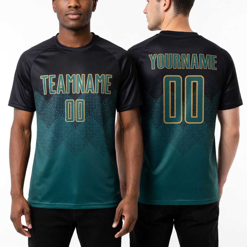 Custom Black Midnight Green-Old Gold Sublimation Soccer Uniform Jersey worn front and back