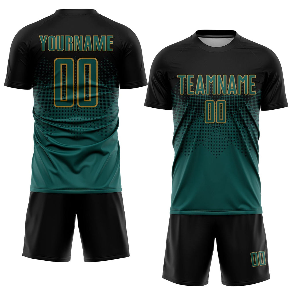 Custom Black Midnight Green-Old Gold Sublimation Soccer Uniform Jersey photo 2