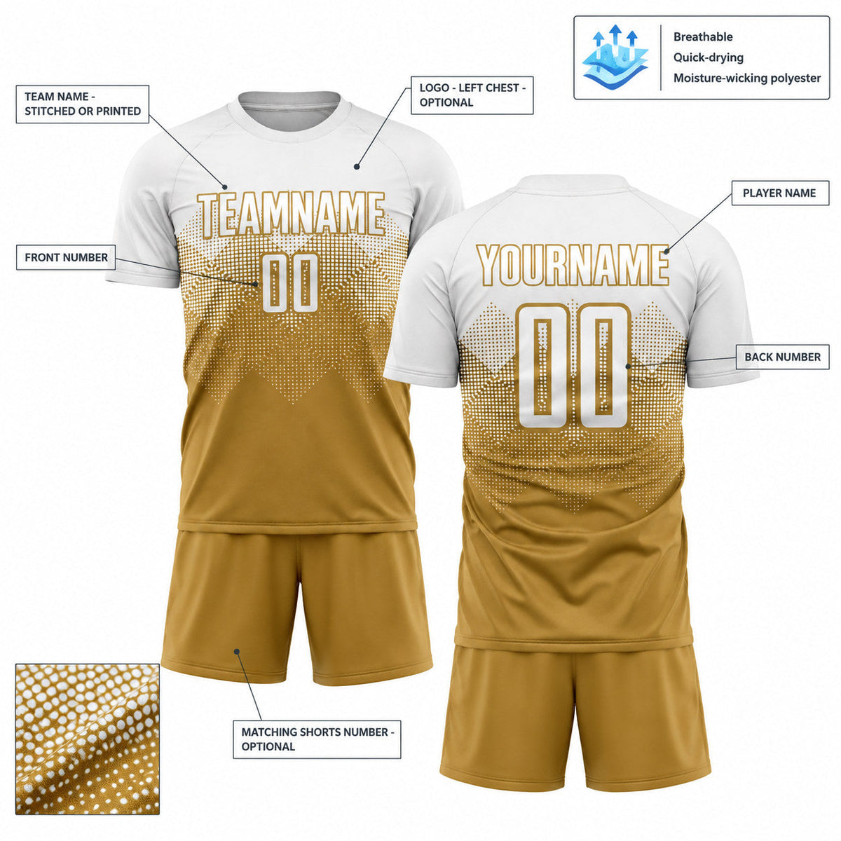 Custom Old Gold Sublimated Soccer Jersey with White Lettering Design 0588 customization guide