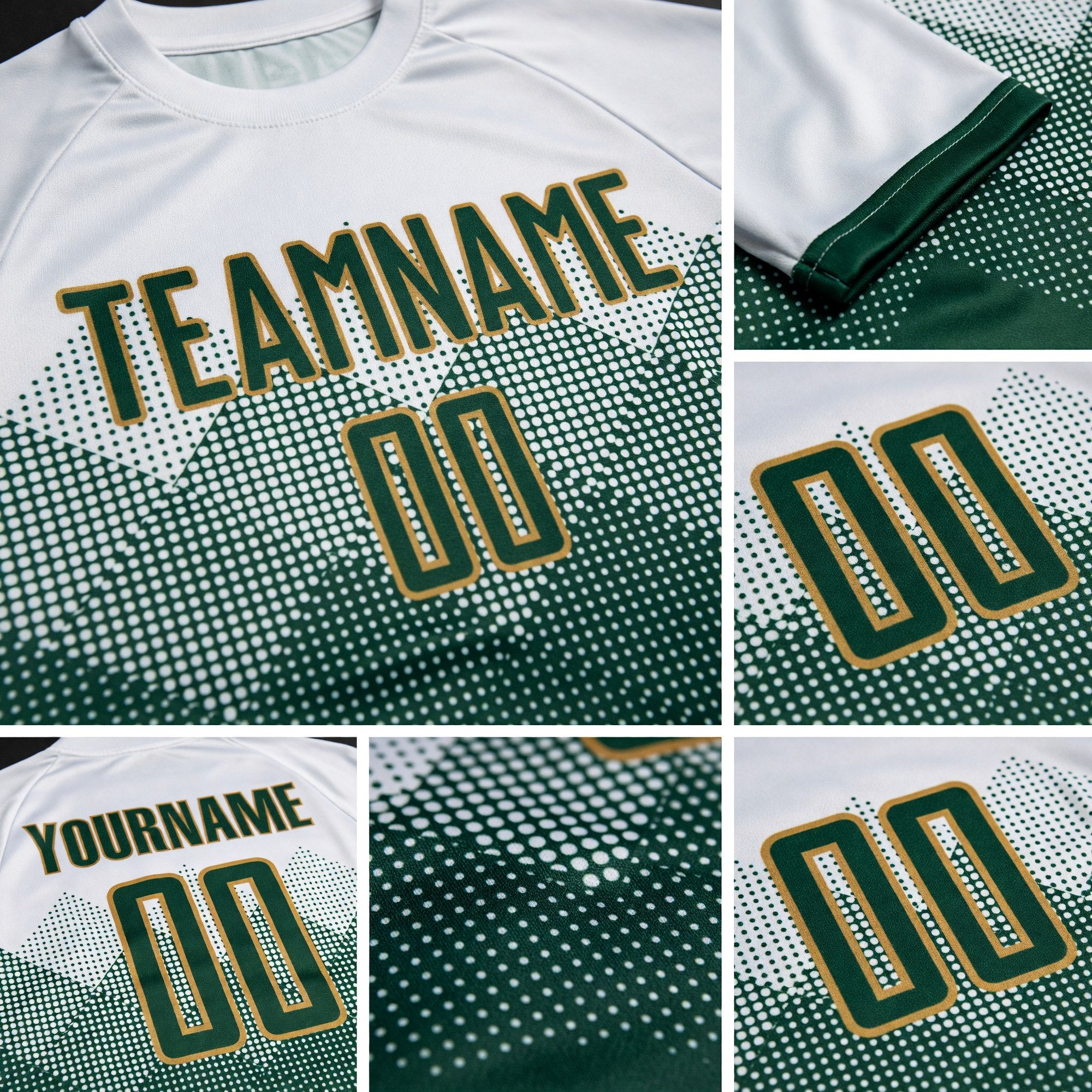 Custom White Green-Old Gold Sublimation Soccer Uniform Jersey detail