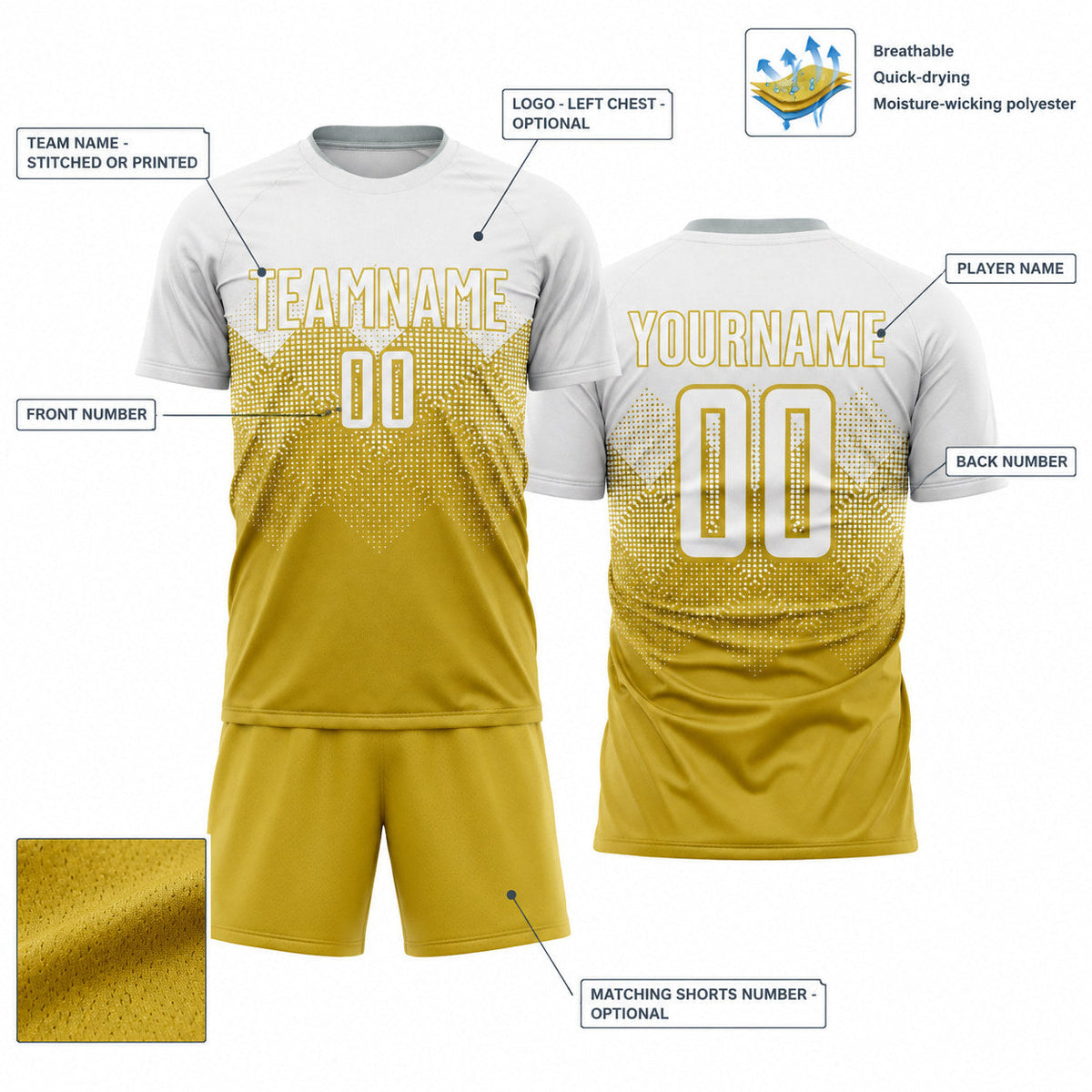 Custom Old Gold Sublimated Soccer Jersey with White Lettering Design 0595 customization guide