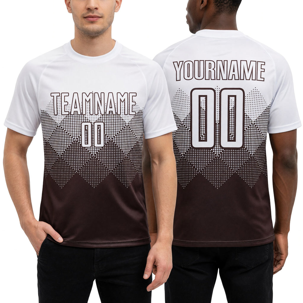 Custom Brown White Sublimation Soccer Uniform Jersey worn front and back
