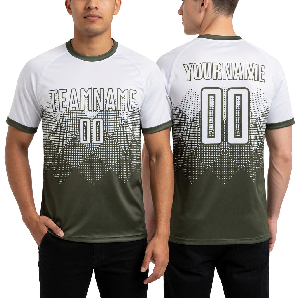 Custom Olive White Sublimation Salute To Service Soccer Uniform Jersey worn front and back