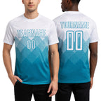 Custom Teal White Sublimation Soccer Uniform Jersey worn front and back
