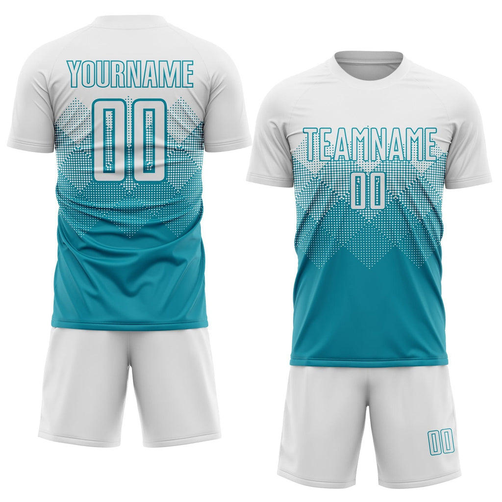 Custom Teal White Sublimation Soccer Uniform Jersey photo 2