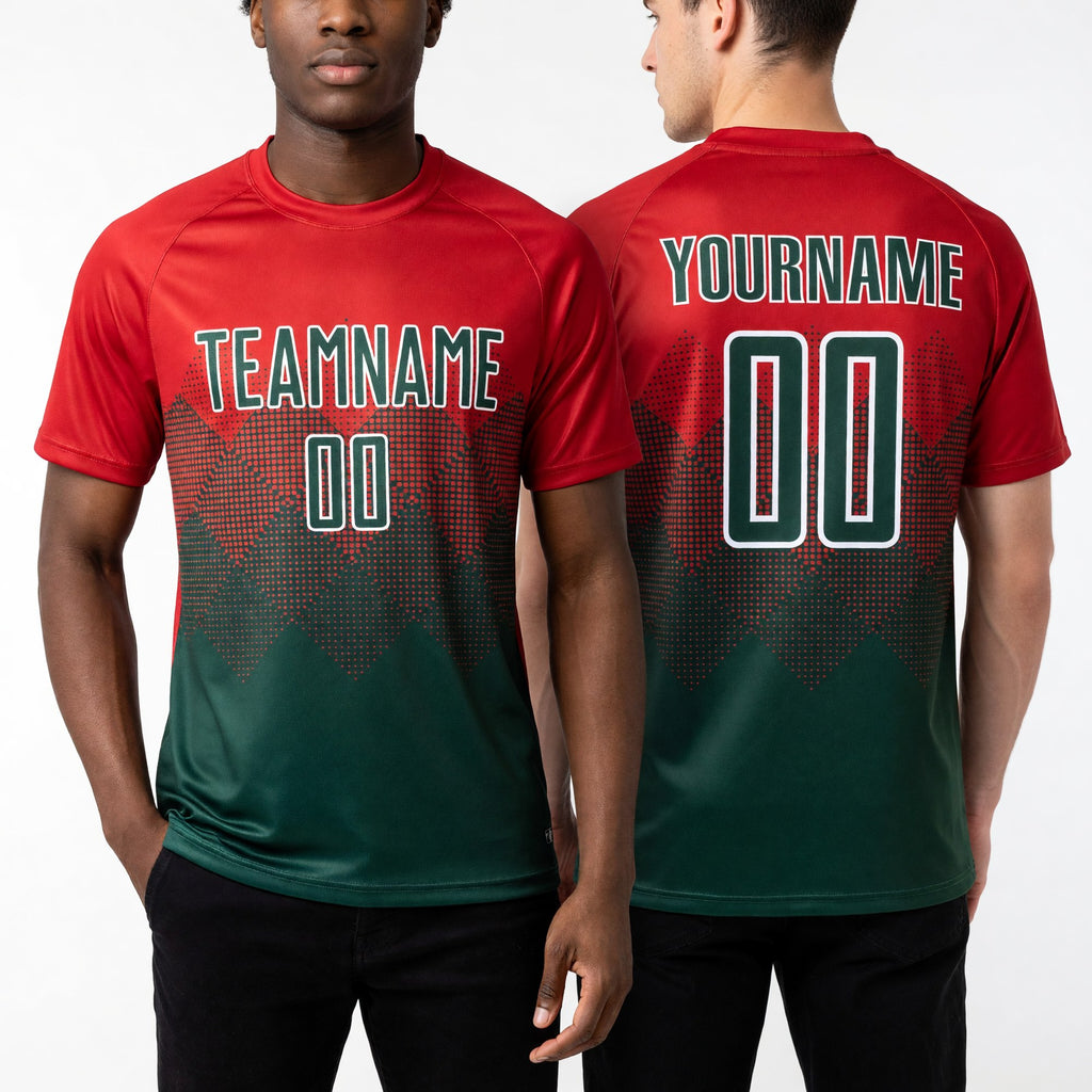 Custom Red Green-White Sublimation Soccer Uniform Jersey worn front and back