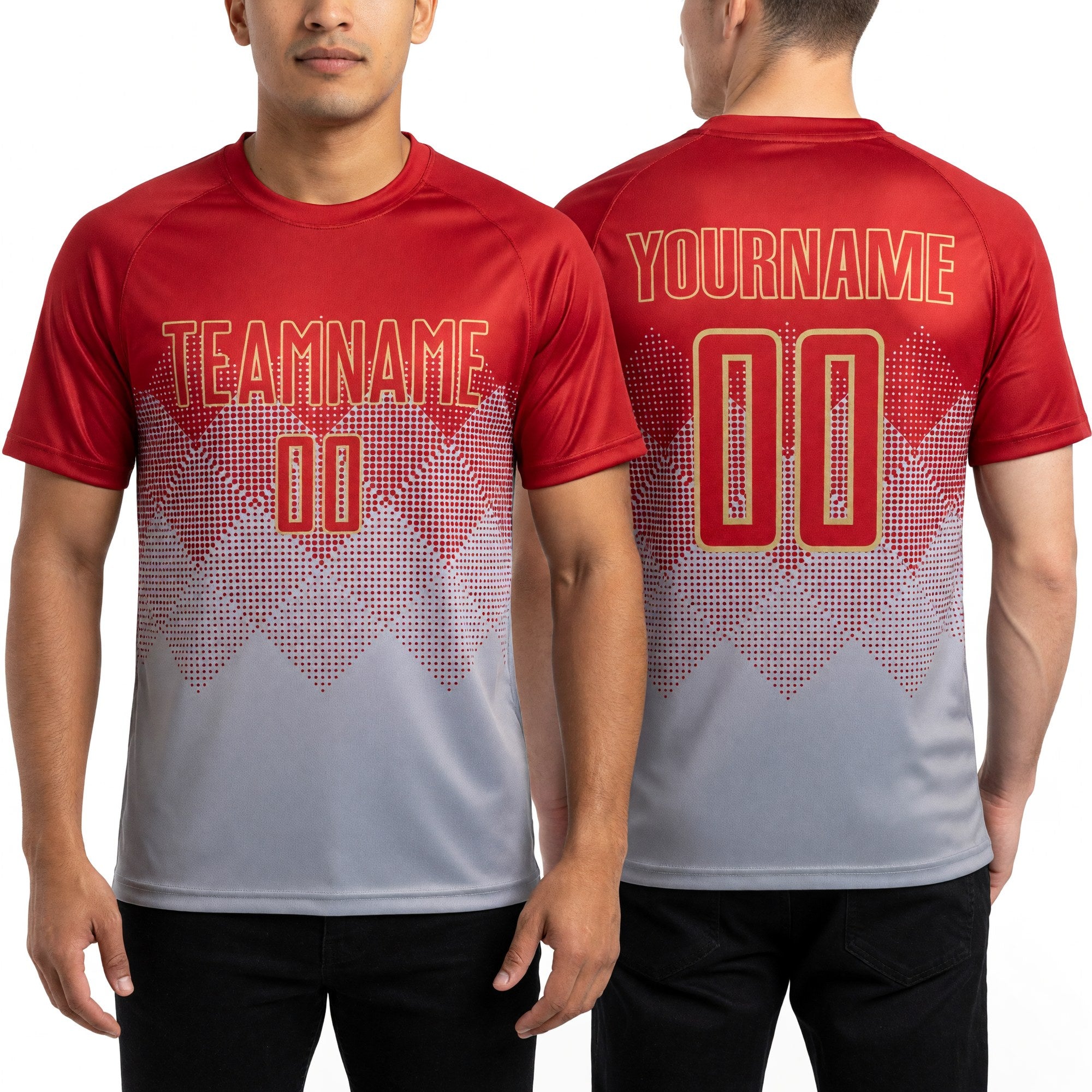 Custom Gray Red-Old Gold Sublimation Soccer Uniform Jersey worn front and back