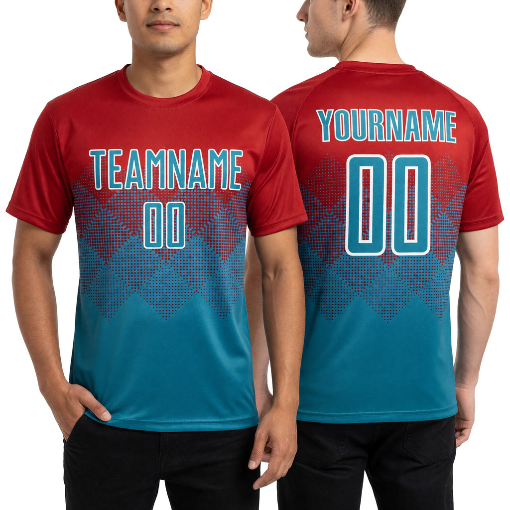 Custom Red Teal-White Sublimation Soccer Uniform Jersey worn front and back