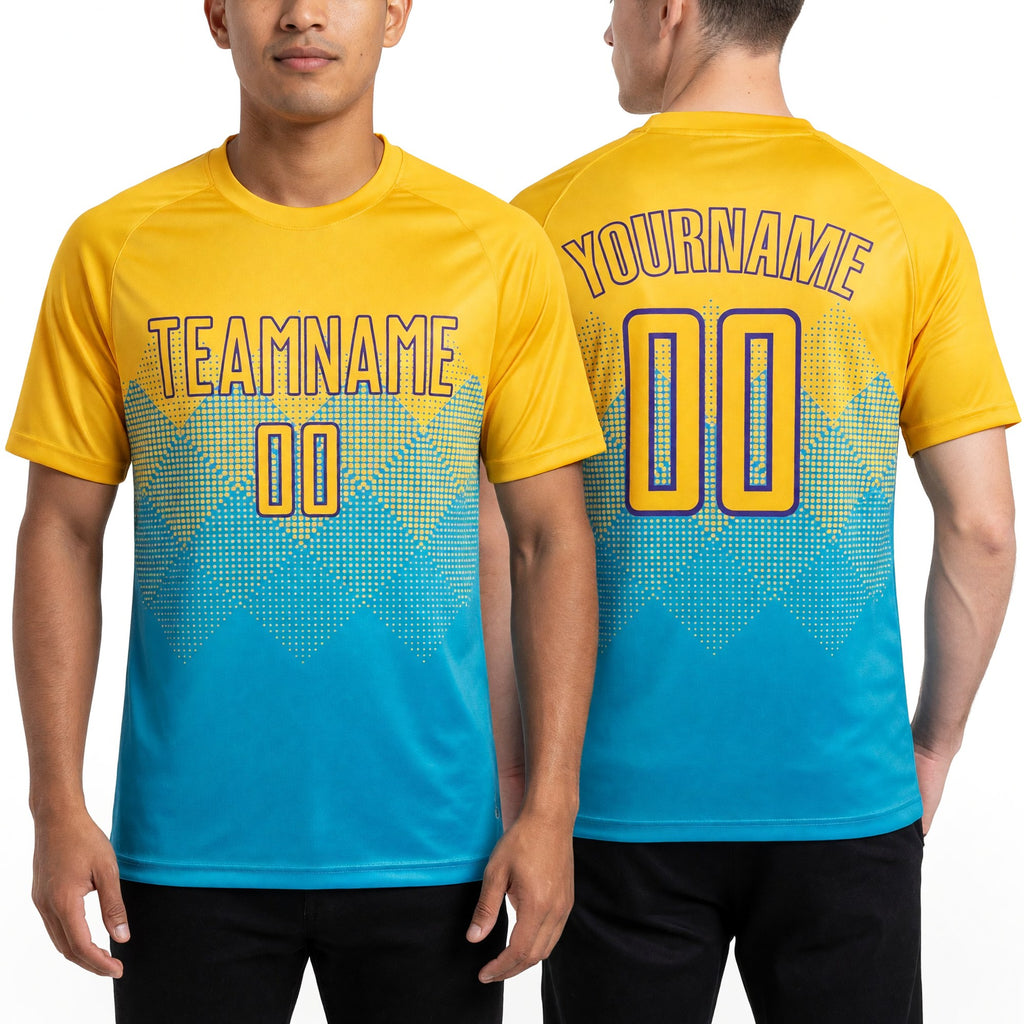 Custom Lakes Blue Gold-Purple Sublimation Soccer Uniform Jersey worn front and back