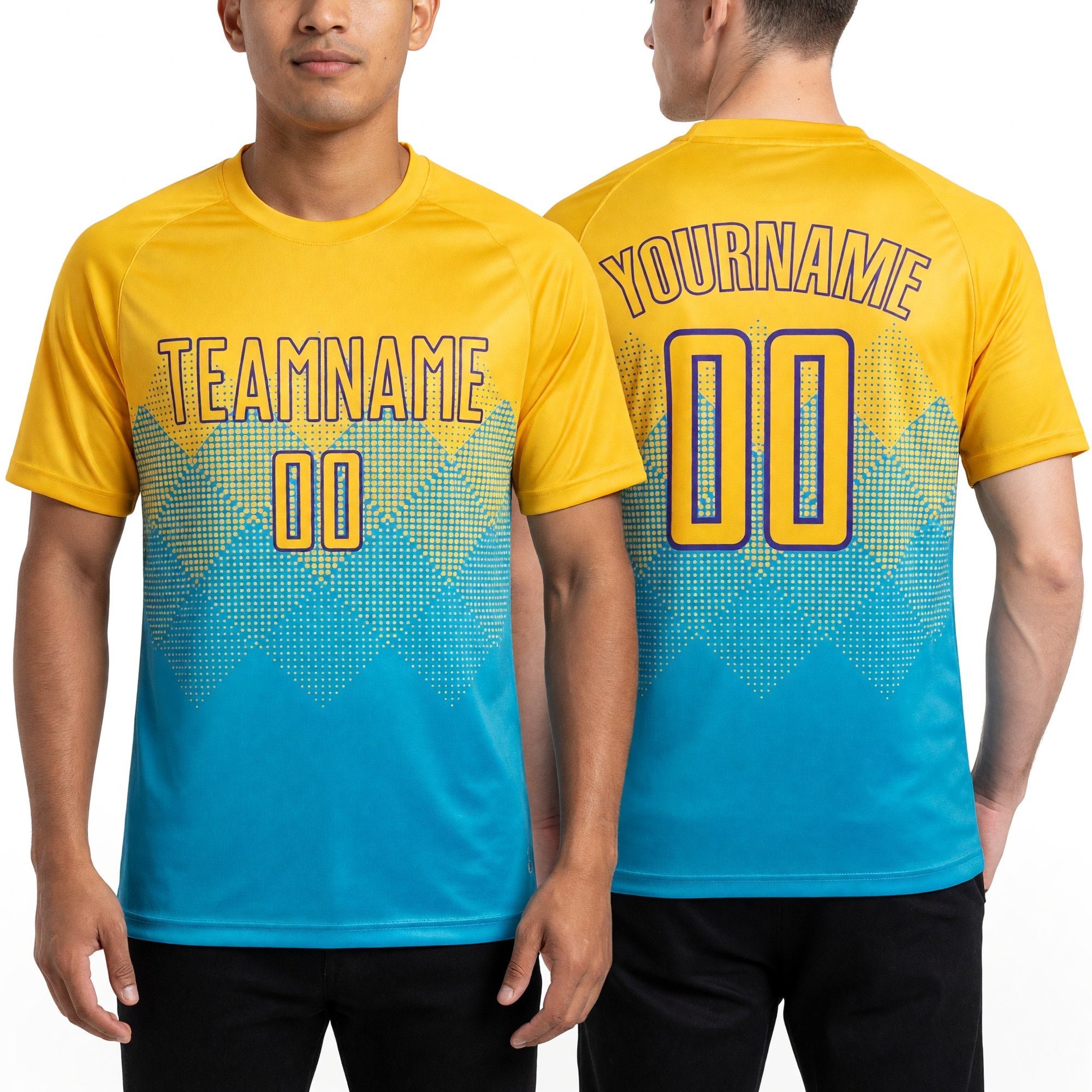 Custom Lakes Blue Gold-Purple Sublimation Soccer Uniform Jersey worn front and back