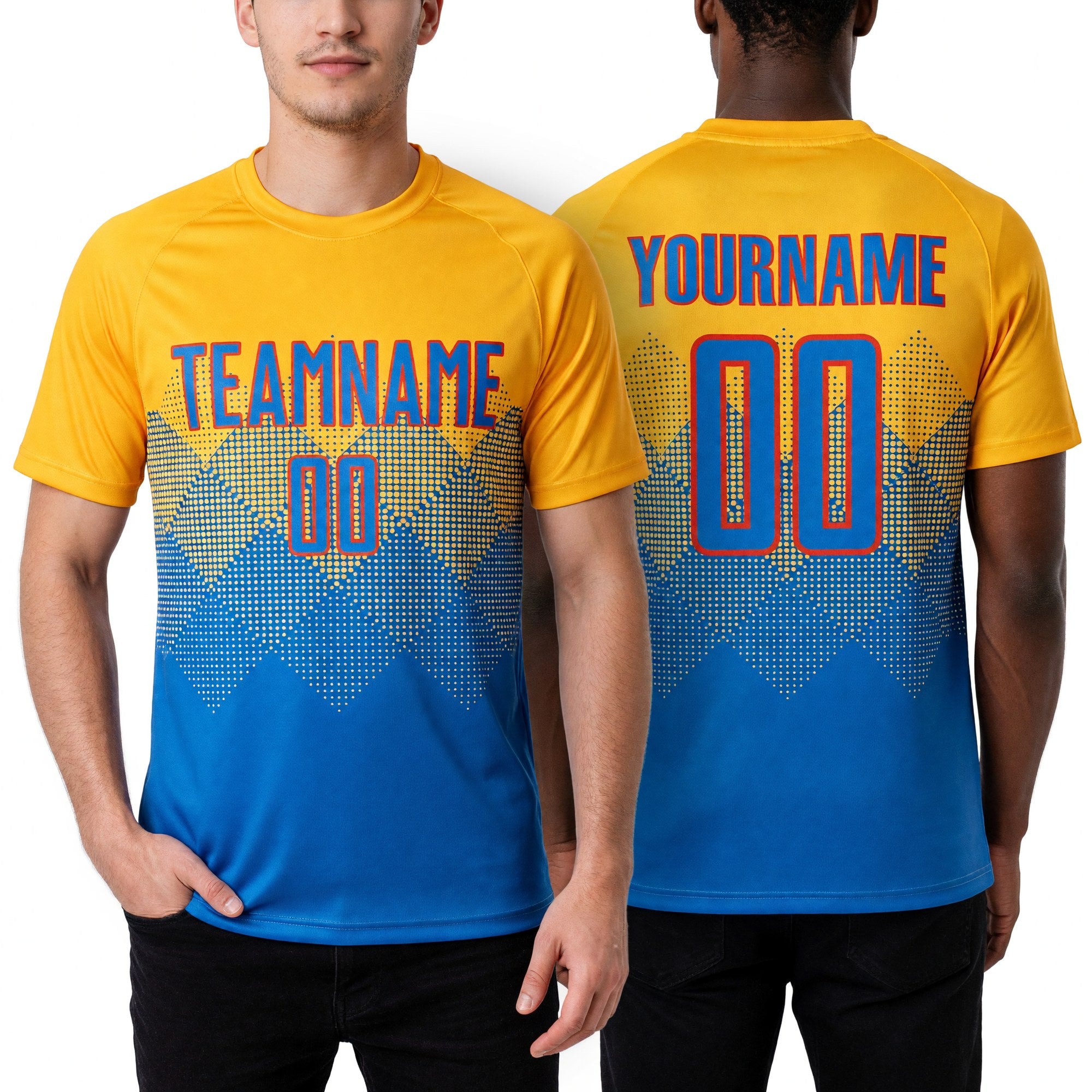 Custom Gold Powder Blue-Orange Sublimation Soccer Uniform Jersey worn front and back