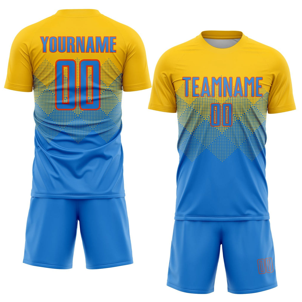 Custom Gold Powder Blue-Orange Sublimation Soccer Uniform Jersey photo 2