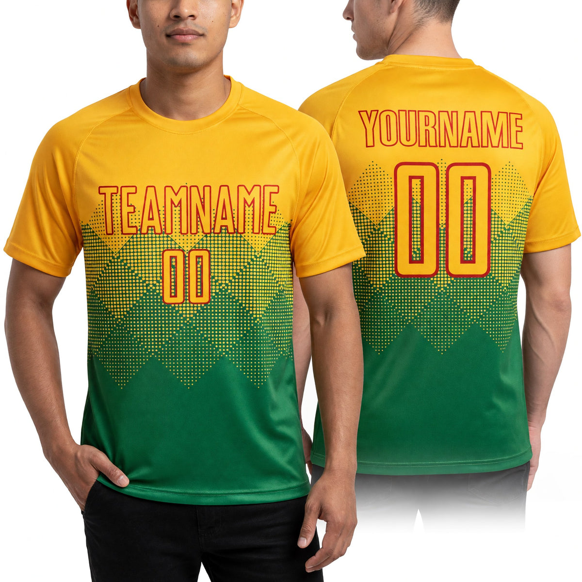 Custom Grass Green Gold-Red Sublimation Soccer Uniform Jersey worn front and back