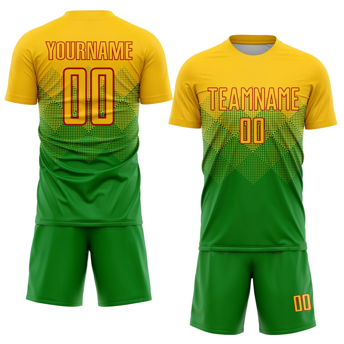 Custom Grass Green Gold-Red Sublimation Soccer Uniform Jersey photo 2