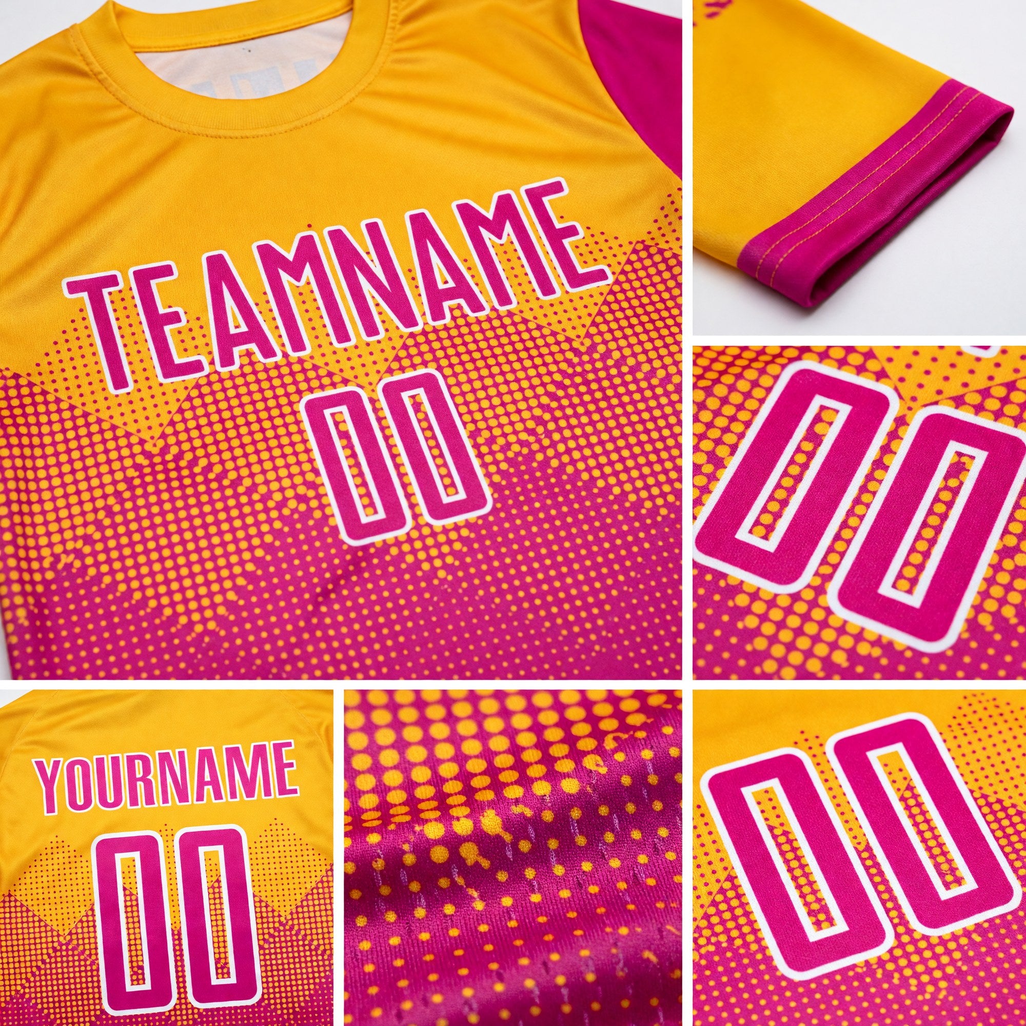 Custom Gold Deep Pink-White Sublimation Soccer Uniform Jersey detail