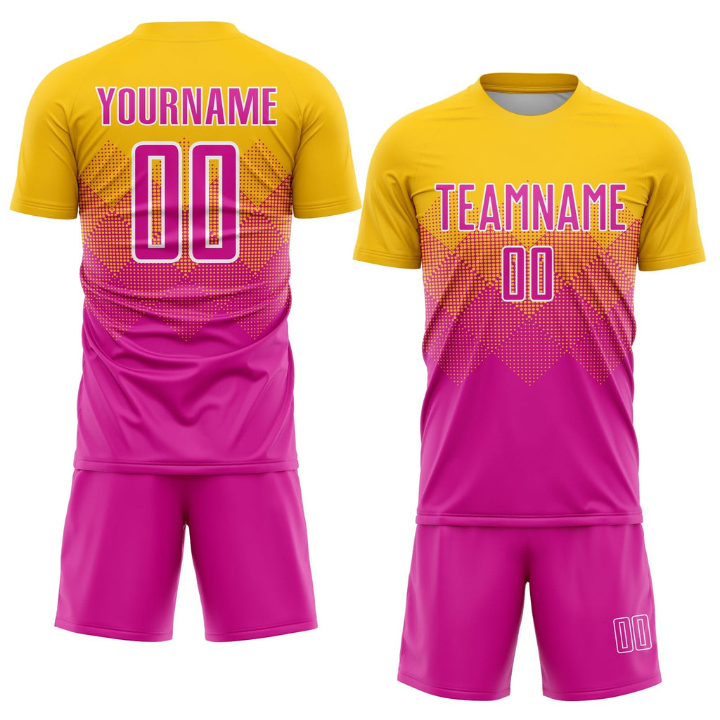 Custom Gold Deep Pink-White Sublimation Soccer Uniform Jersey photo 2